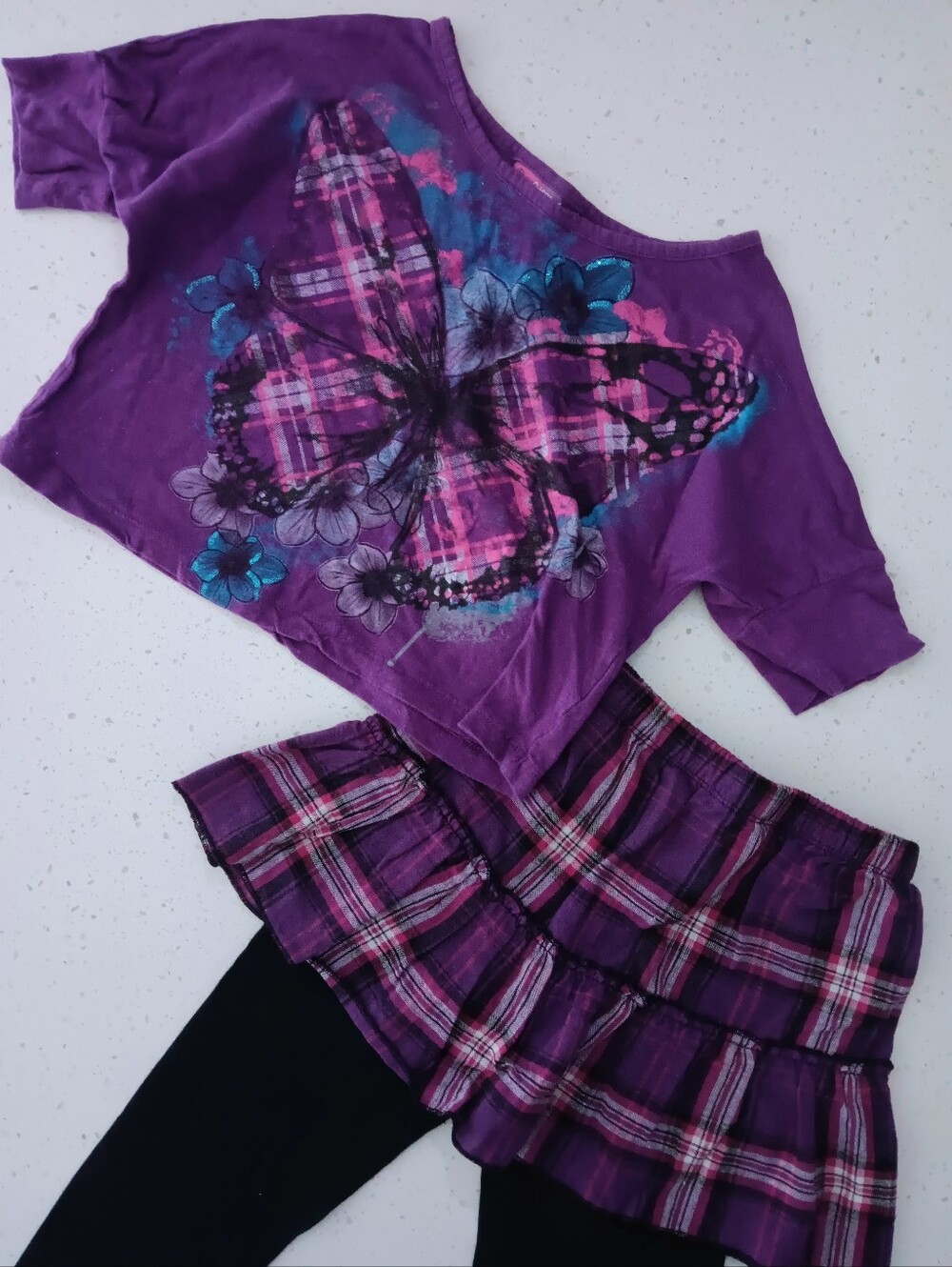 Girls' Purple Butterfly Top And Plaid Skirt Black Leggings Outfit Set Size S 7/8